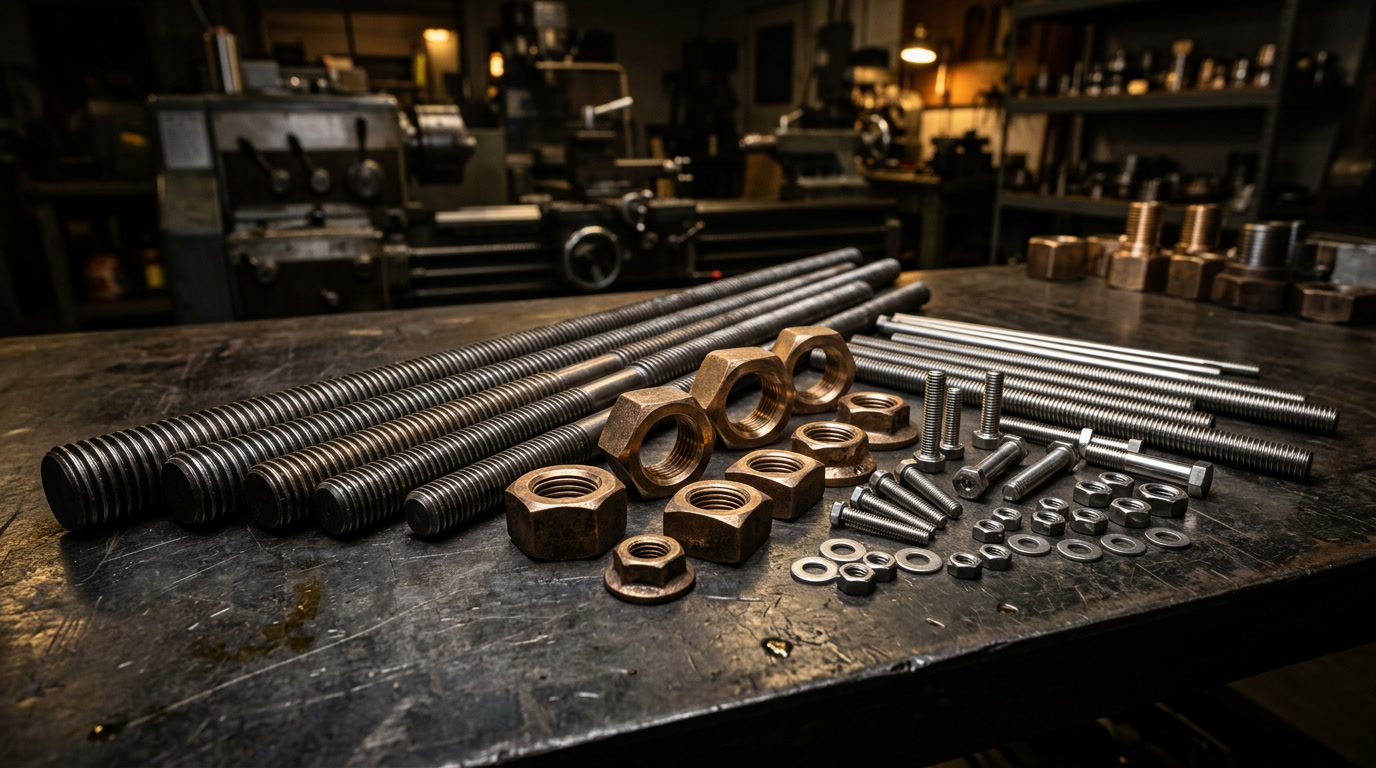 Acme threaded rod closing visual — editorial photograph of precision hardware components and threaded fasteners in an industrial setting