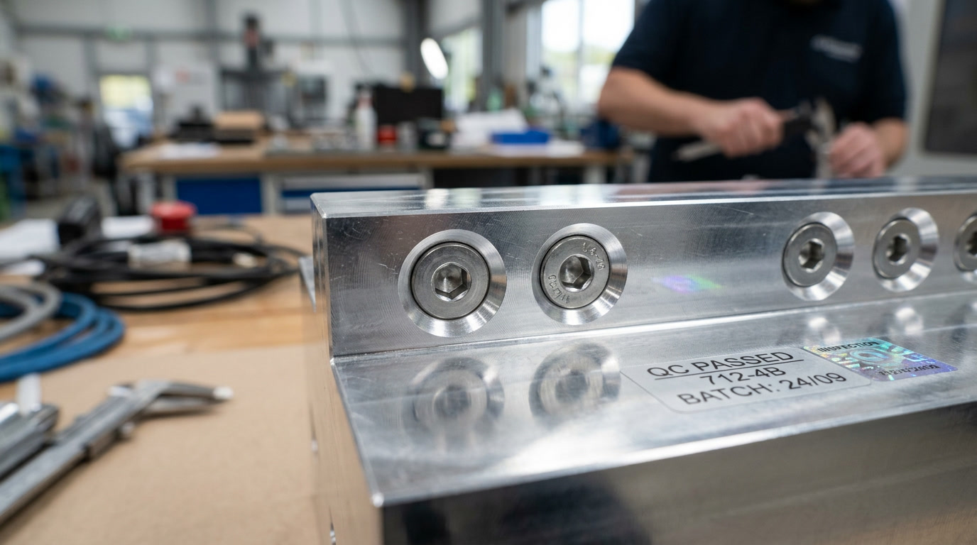 aluminum screws — closing visual showing aluminum screws installed in a polished aluminum panel with clean industrial aesthetic