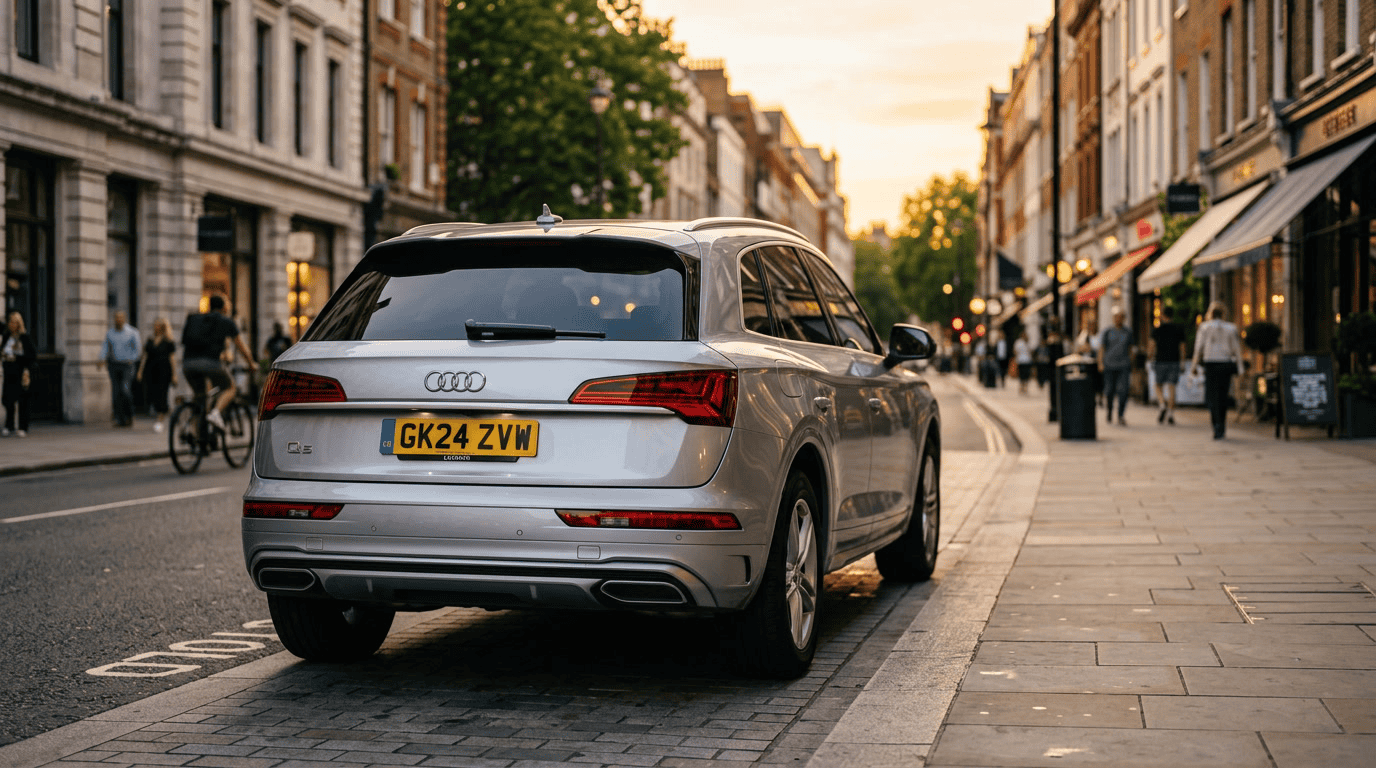 Silver Audi SUV parked on a city street during sunset, with pedestrians and buildings in the background.