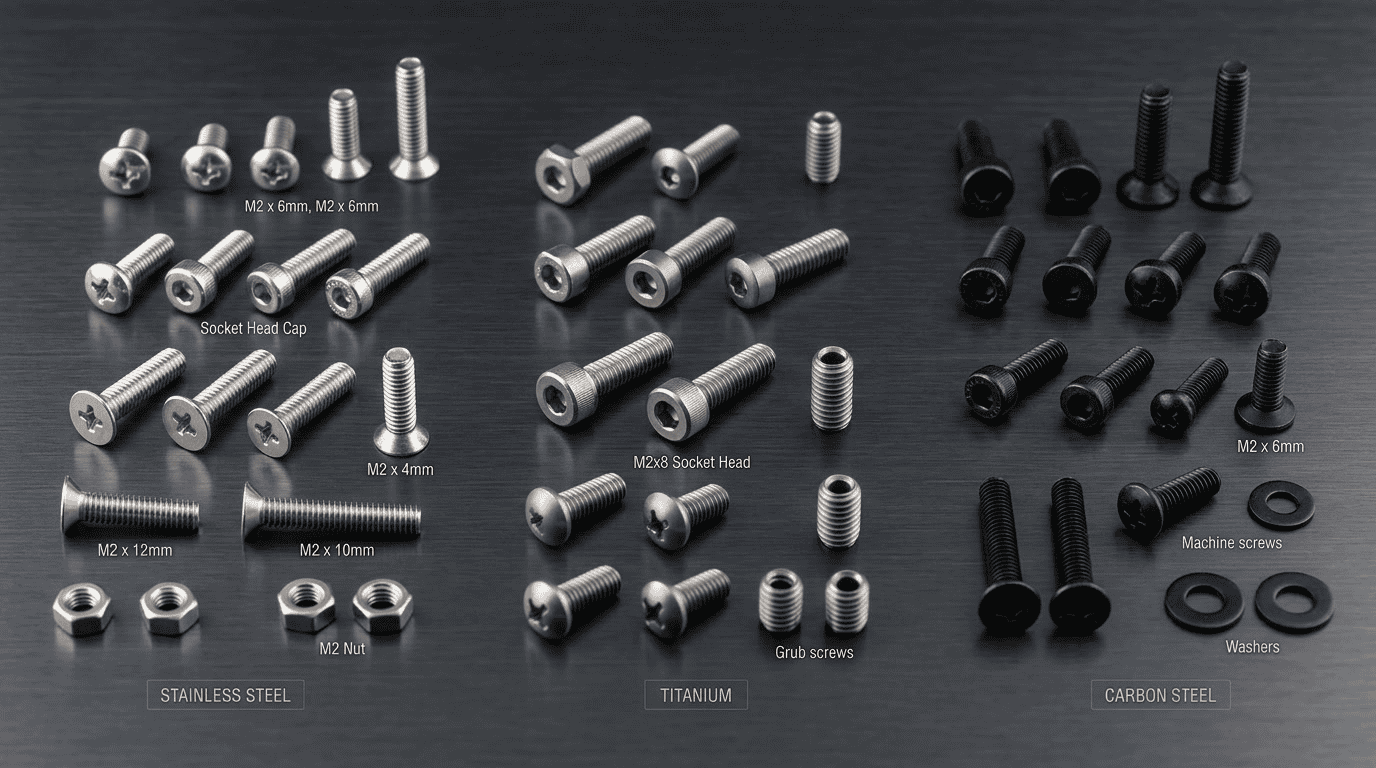 Assorted industrial bolts, screws, and washers made from stainless steel, titanium, and carbon steel for heavy-duty applications.