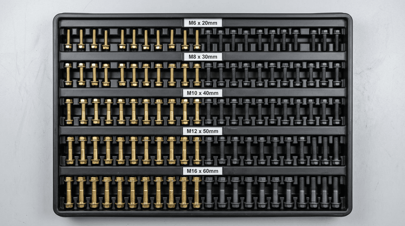 Organized set of industrial screws and bolts with various sizes including M6, M8, M10, M12, and M16, displayed in a black plastic storage case for manufacturing and assembly applications.