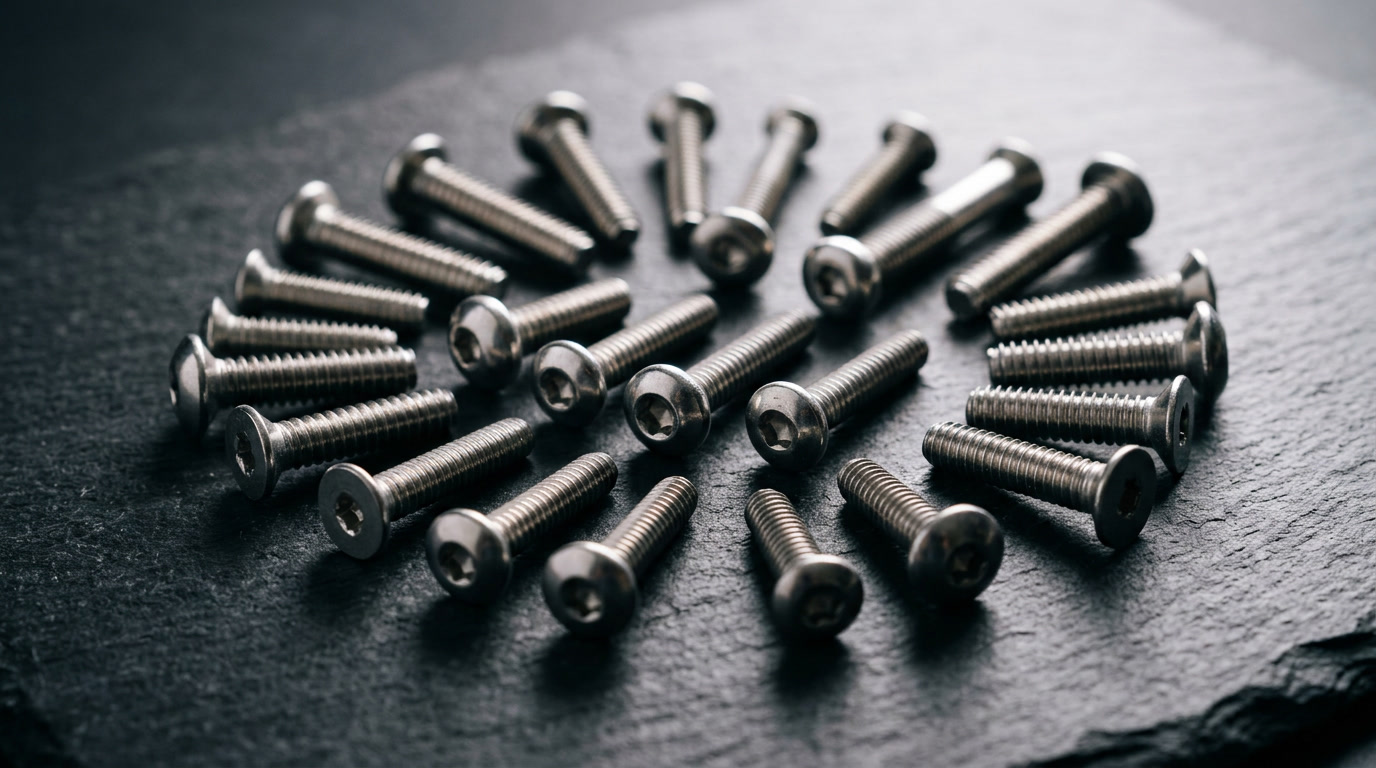 one way screw — closing editorial photo of stainless one-way screws in various head styles on a clean metal surface