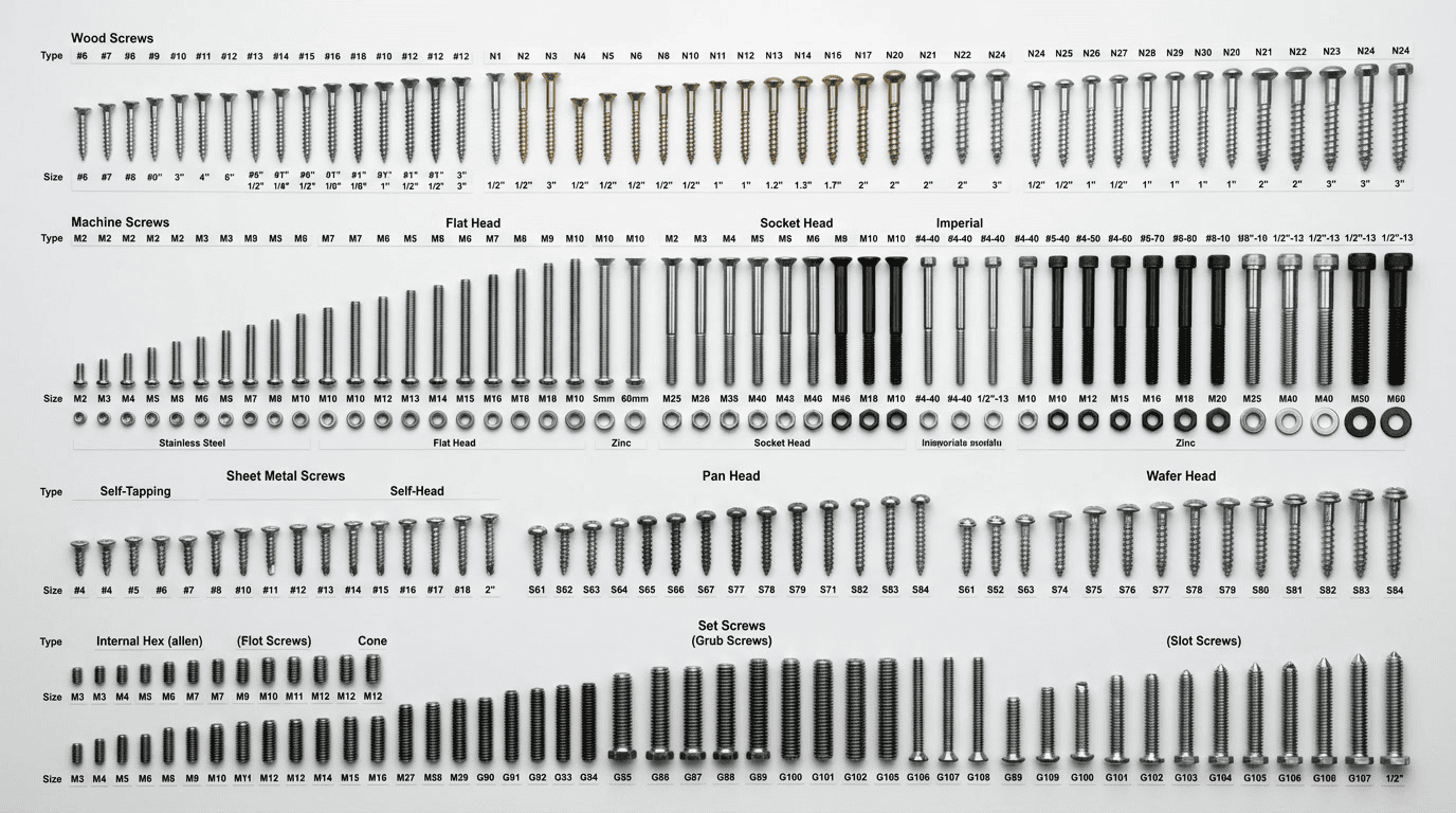 what is a screw — overhead flat-lay of assorted production screws organized by type on white background