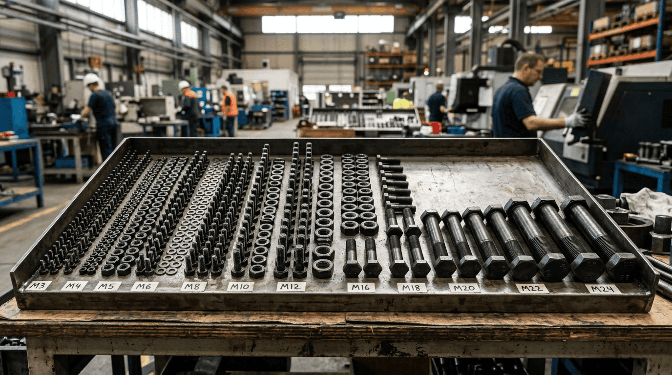 8.8 bolt — closing visual showing a range of metric class 8.8 fasteners in industrial setting