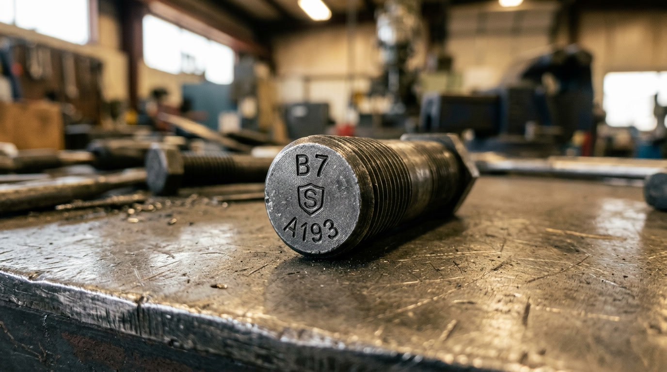 astm a193 — closing visual showing properly marked astm a193 b7 stud bolt with grade stamp and manufacturer identification on a clean industrial workbench
