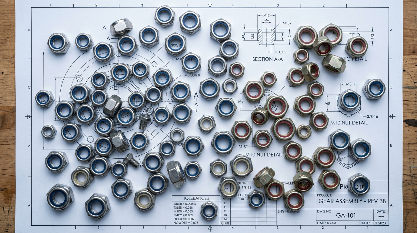 Nylon insert lock nuts — FAQ section visual showing various fastener configurations and questions