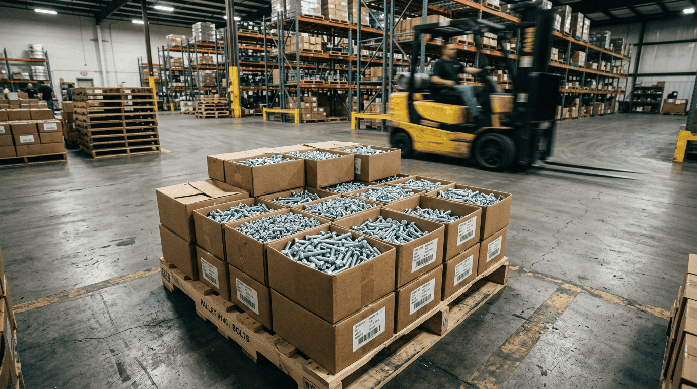 Industrial warehouse with bolts and screws on pallets, forklift in motion.