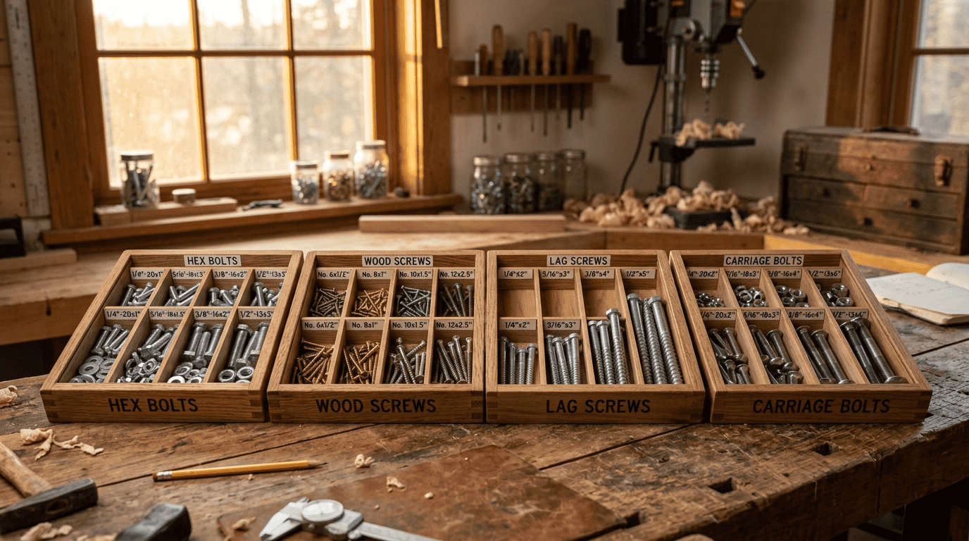 Industrial fasteners including hex bolts, wood screws, lag screws, carriage bolts organized in wooden trays.