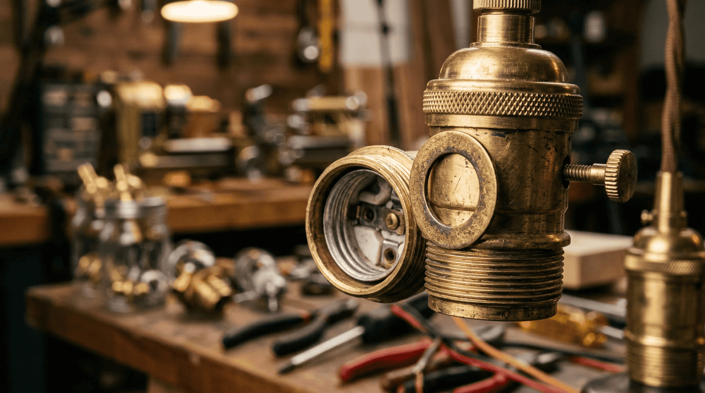brass washers application installed in lamp socket assembly showing golden hardware patina