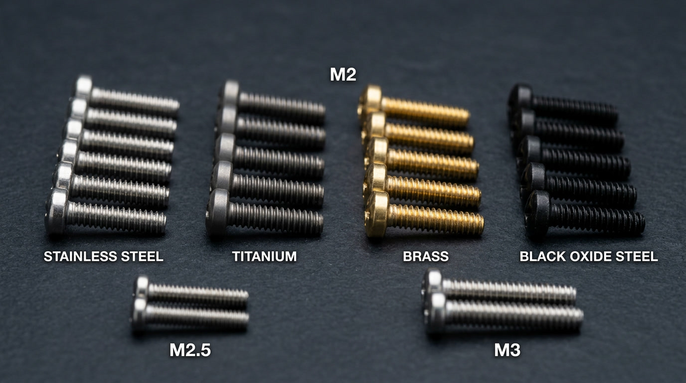 M2 screw dimensions — closing visual showing M2 fasteners in various materials and applications for electronics and robotics