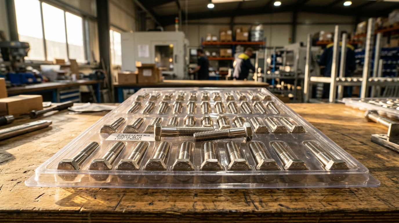 metal fastener — closing visual showing precision-finished production screws and bolts in industrial packaging