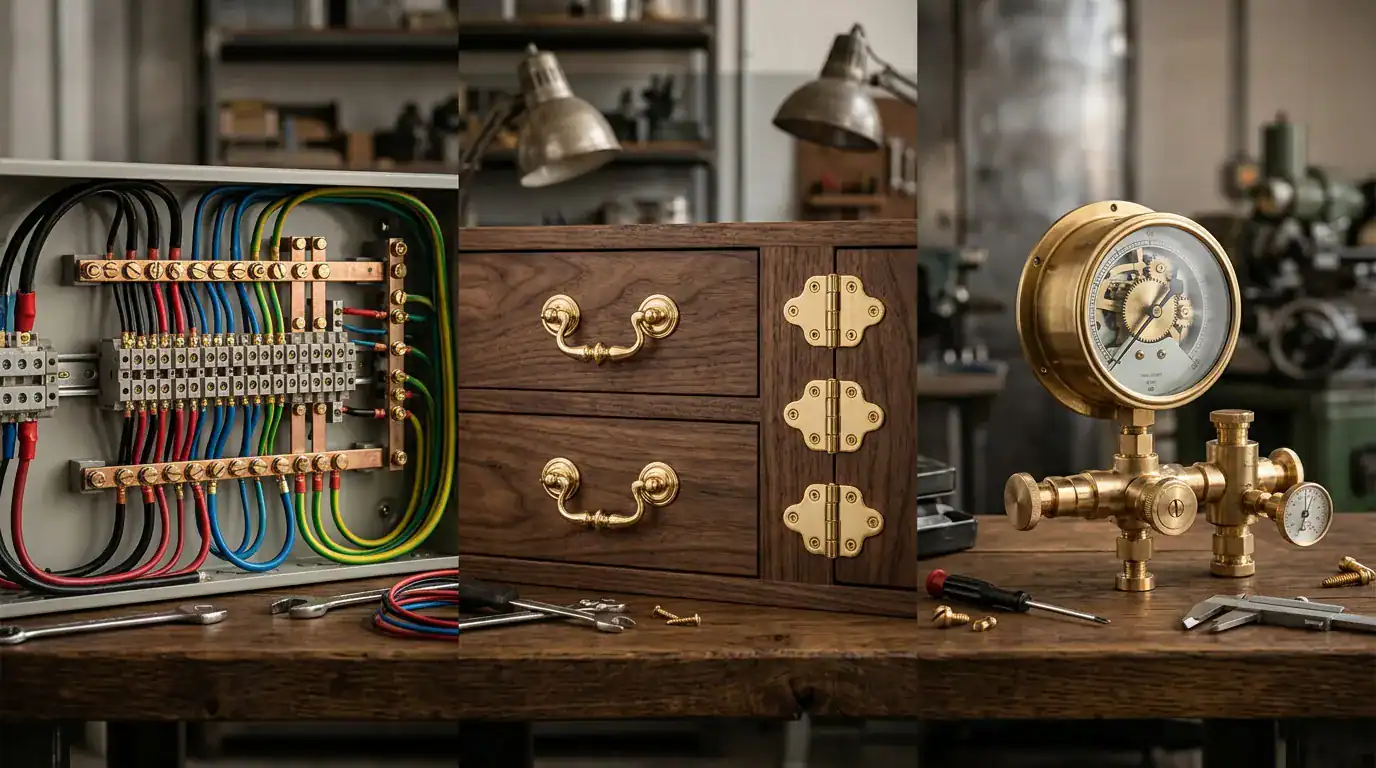 Electrical control panel with colorful wiring, tools, and a wooden cabinet in an industrial workshop setting.