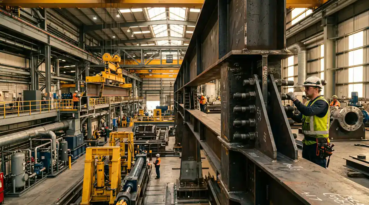 high strength bolts closing illustration showing installed structural and industrial bolt applications across bridge steelwork, machinery frames, and flanged equipment in one cohesive industrial scene
