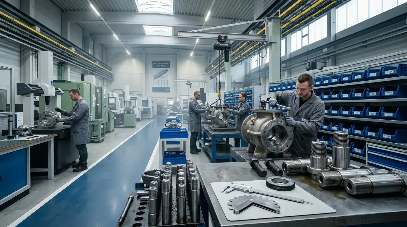 Modern industrial manufacturing facility with workers assembling and inspecting flange bolts and screws in a well-lit, organized factory environment.