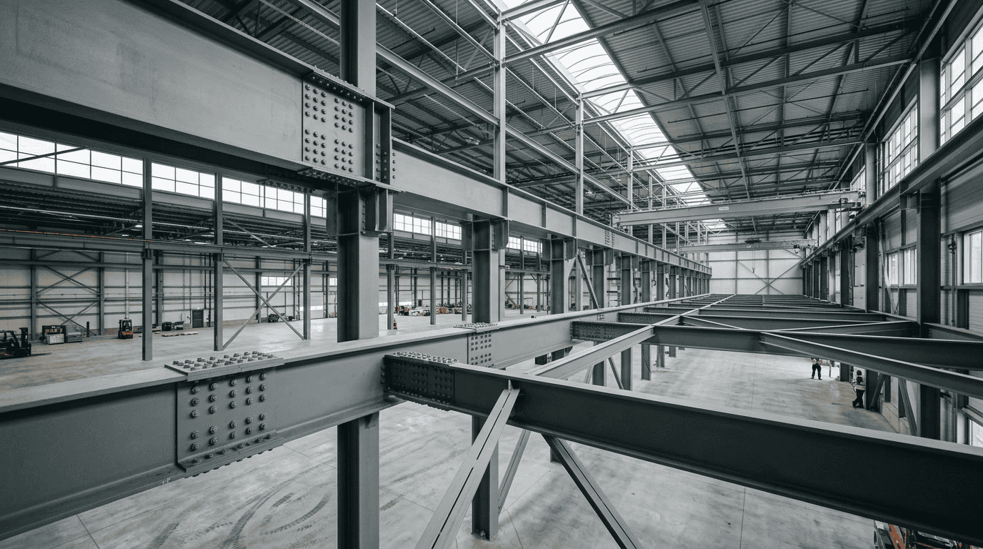 Interior view of a large industrial warehouse showcasing steel beams, structural framework, and high ceilings, highlighting manufacturing and construction infrastructure.