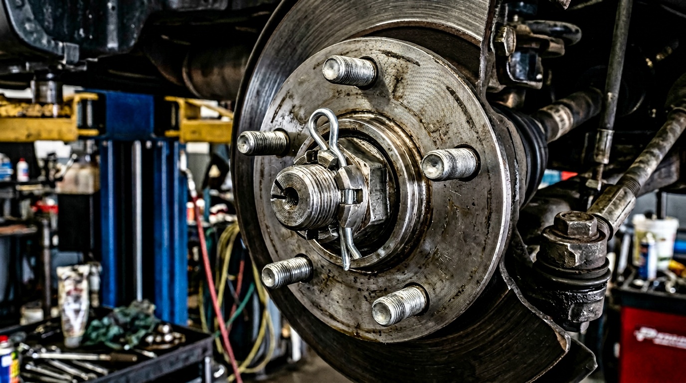 Castellated nut — hero closing visual showing a precision-machined wheel hub assembly with installed castle nut and safety cotter pin, editorial tech photography, clean industrial background