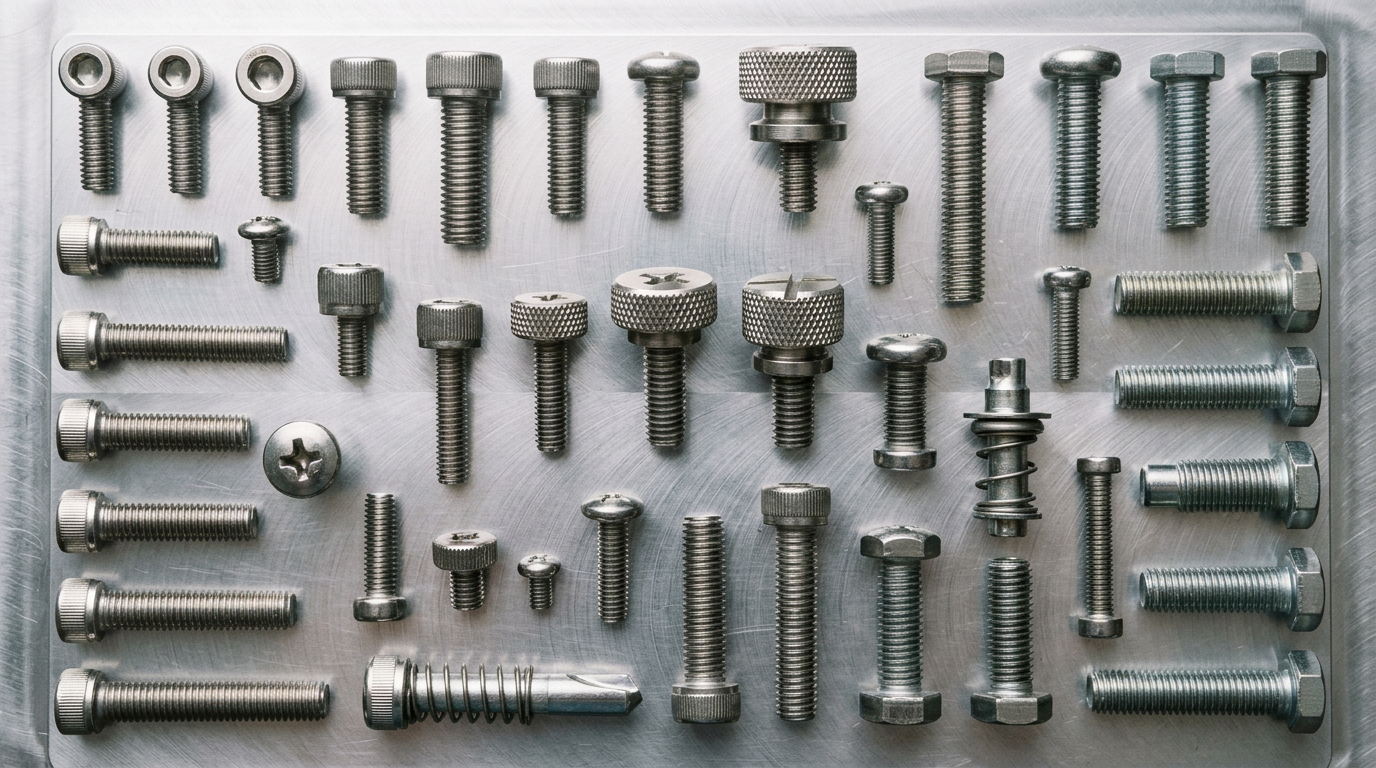 Captive screw — closing visual showing assortment of captive screws with engineering callouts in a production setting