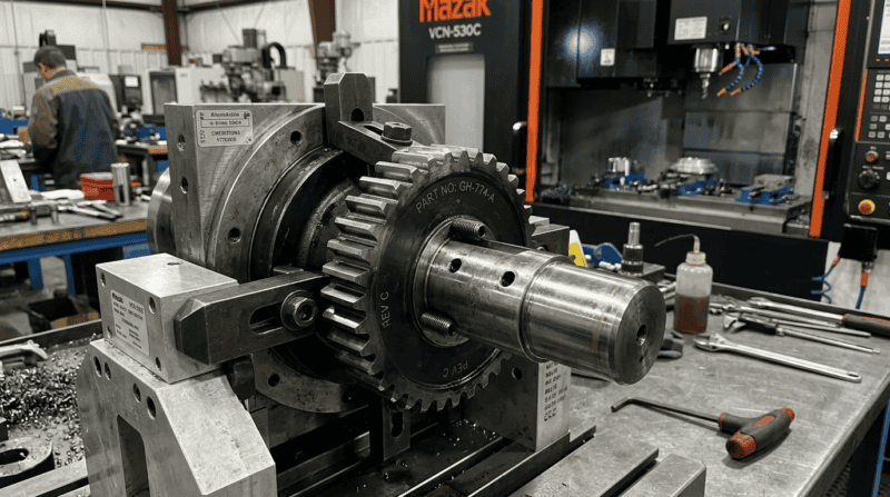 Industrial gear and shaft assembly for manufacturing processes.