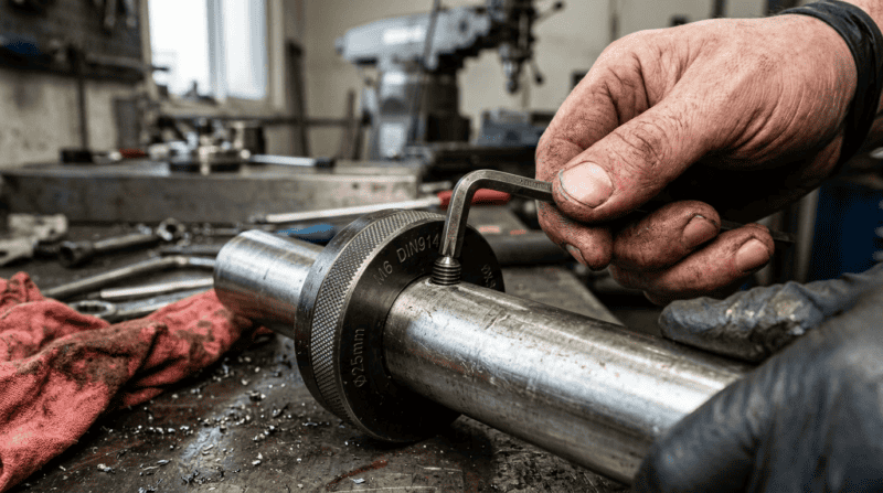 Close-up of a worker tightening a flange bolt on a metal pipe in an industrial workshop, demonstrating precision and safety in manufacturing processes.