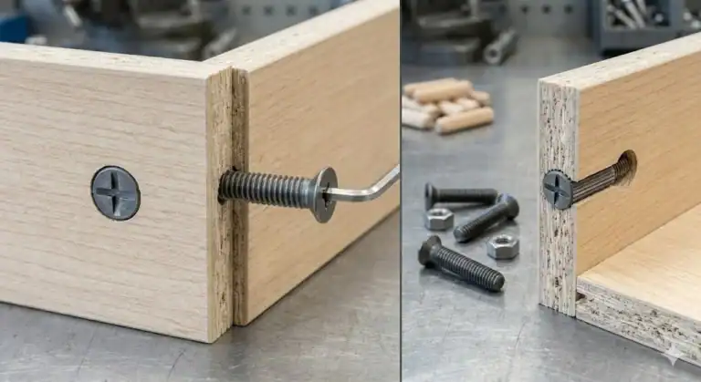 decorative screws used in wooden furniture assembly with visible hardware details