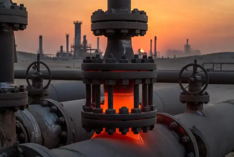 Industrial piping system with flange bolts at an oil refinery during sunset, showcasing durable fasteners used in heavy industrial applications.