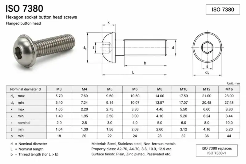 Close-up of a hexagon socket button head screw with flange, showing detailed threading and head design, used in industrial applications.