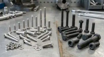 decorative screws arranged on a metal workbench showing silver, black, and warm metallic finishes