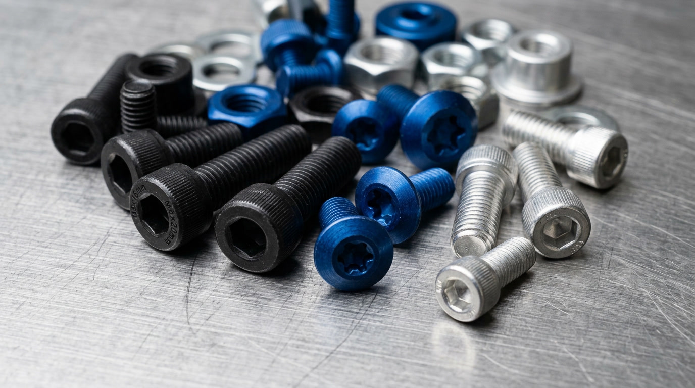 Anodised screws and fasteners displayed on a precision engineering workshop surface — hero overview