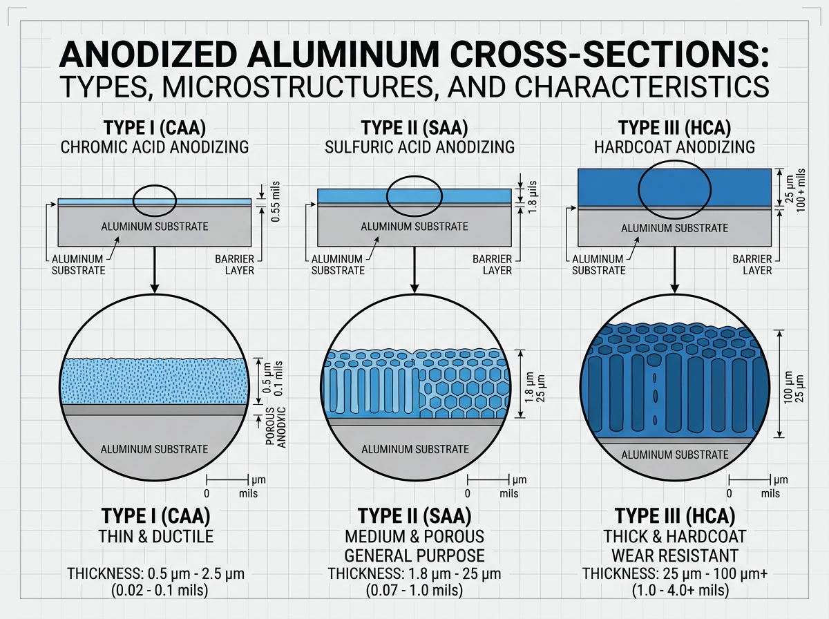 Anodised aluminium types comparison — Type I chromic, Type II sulphuric, Type III hardcoat cross-section diagram