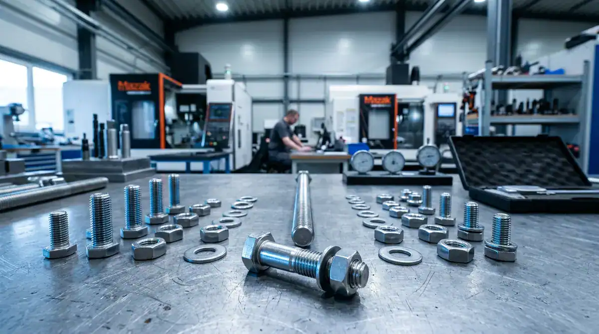 Bolt nut stainless steel fasteners arranged on a factory workbench for industrial sourcing