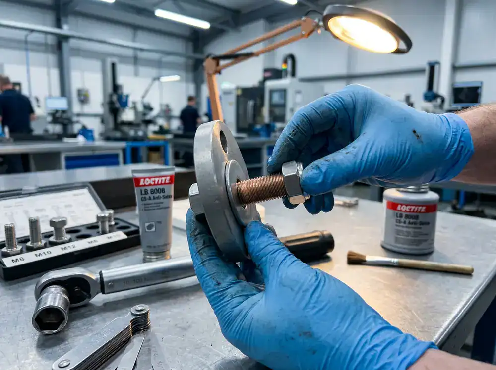 Technician assembling a bolt nut stainless steel joint with washer and anti-seize compound