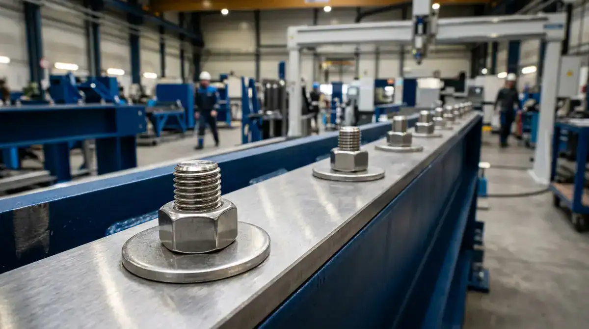 Installed bolt nut stainless steel assemblies on an industrial machine frame