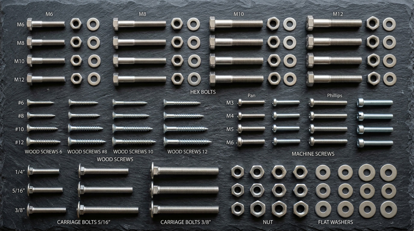 bolts and screws — closing visual showing a clean organized workshop with labeled fastener bins, showcasing the breadth of bolt and screw types available for professional and DIY use