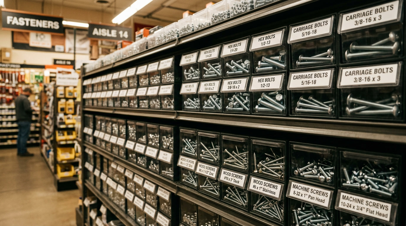 bolts and screws — hero illustration showing a professional hardware display with various bolt and screw types arranged by category