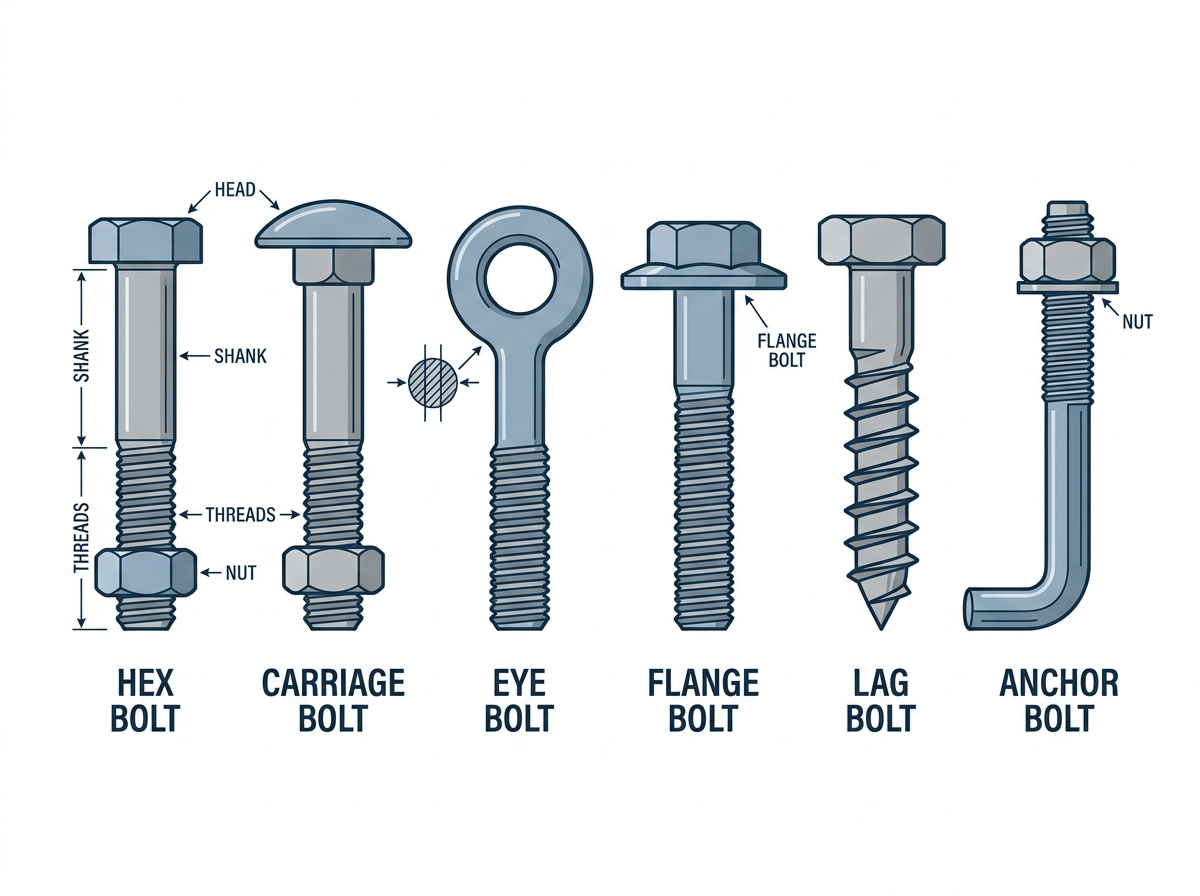 bolts and screws — types illustration showing labeled diagrams of hex bolt, carriage bolt, eye bolt, flange bolt, lag bolt, and anchor bolt side by side