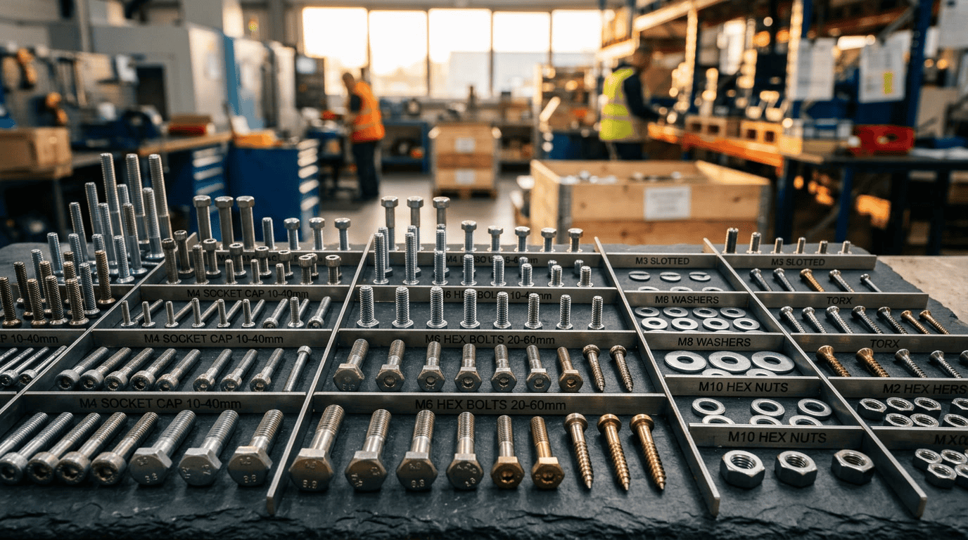 difference between bolt and screw — closing visual showing an organized selection of production screws and bolts laid out by type and size