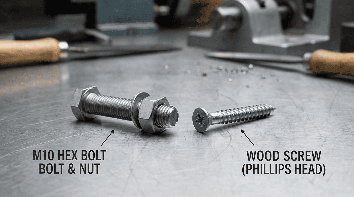 difference between bolt and screw — hero illustration showing a bolt with nut and a screw side by side on a workbench