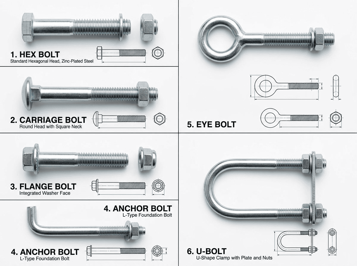 difference between bolt and screw — diagram illustrating six types of bolts including hex, carriage, flange, and anchor with labeled parts
