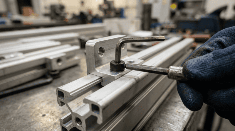 Aluminum profile with bolt and nut assembly, used in industrial framing and construction applications.