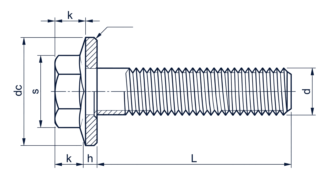 DIN6921 hex flange bolt dimension diagram dc k h s flange depth nominal length