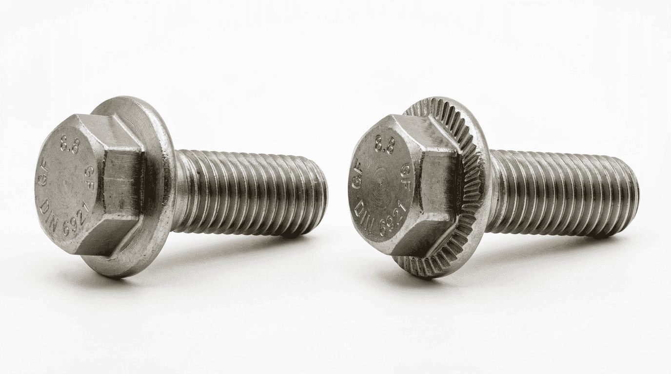 Close-up of high-strength flange bolts with hex heads and integrated washers, ideal for industrial fastening applications.