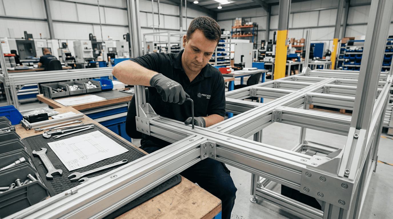 Skilled worker assembling aluminum frames with precision tools in a modern manufacturing plant, showcasing high-quality industrial assembly processes.