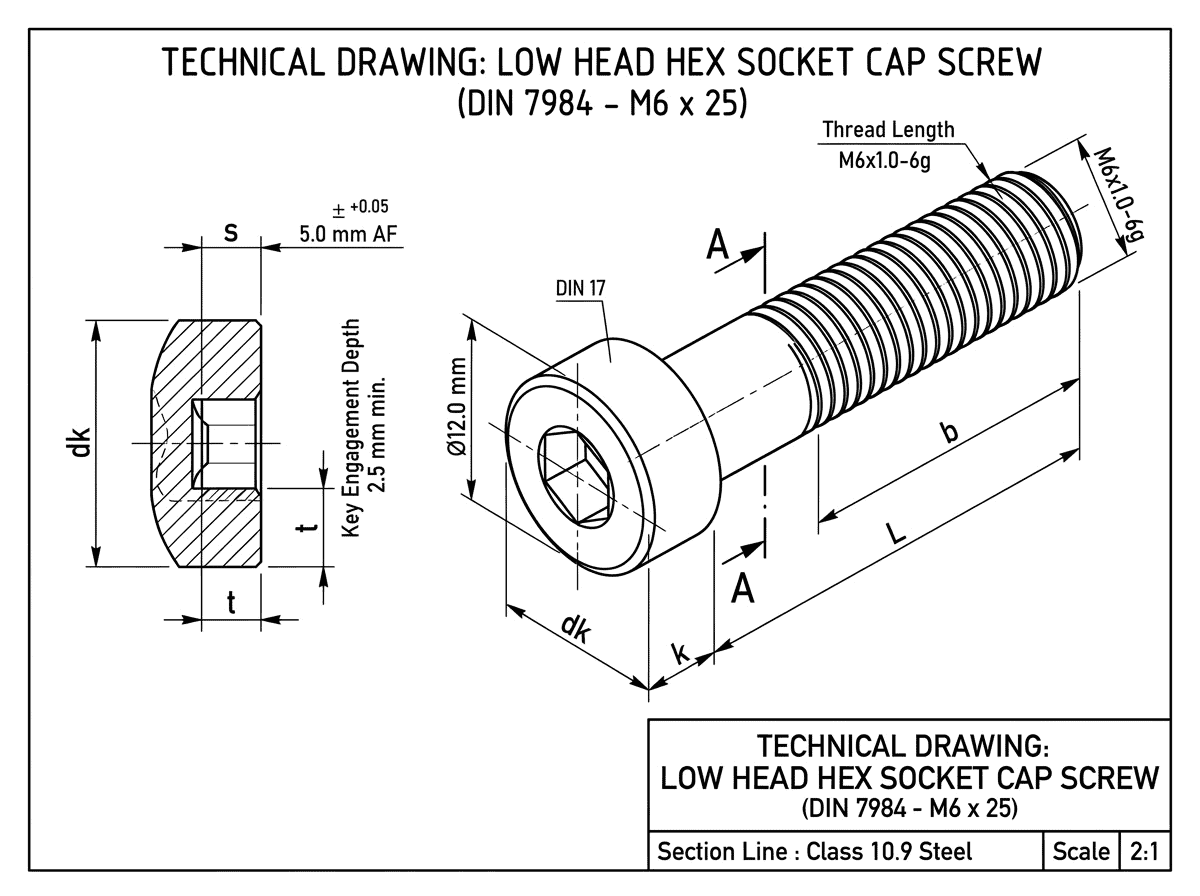 High-Quality Low Head Hex Socket Cap Screw Technical Drawing.