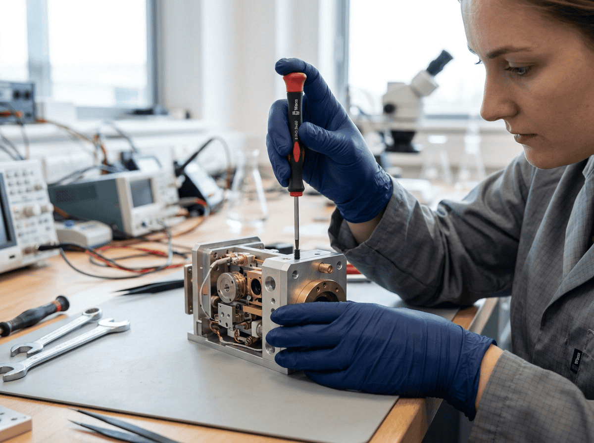 Industrial technician assembling machinery with precision tools and components.