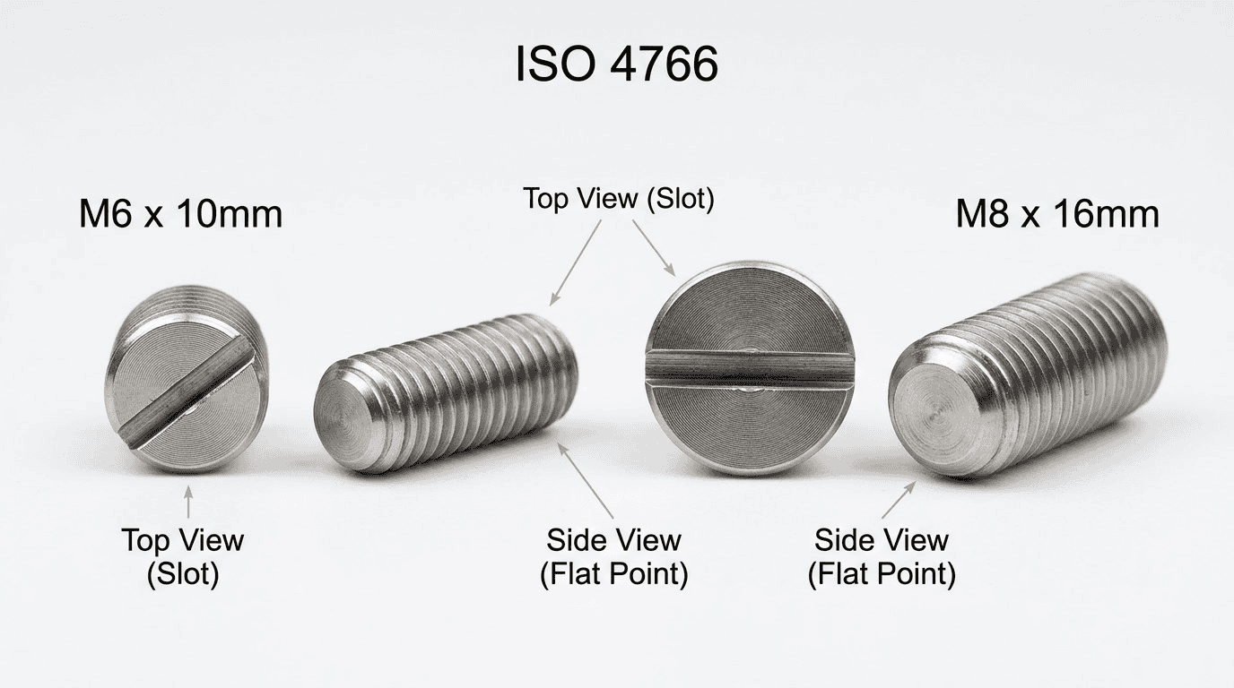 ISO 4766 M6 x 10mm and M8 x 16mm screws with flat head and slot, top and side views.