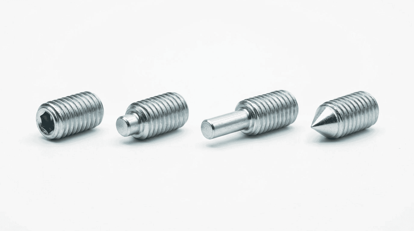Close-up of four different industrial screws, showcasing various head types and threading for industrial fastening applications.