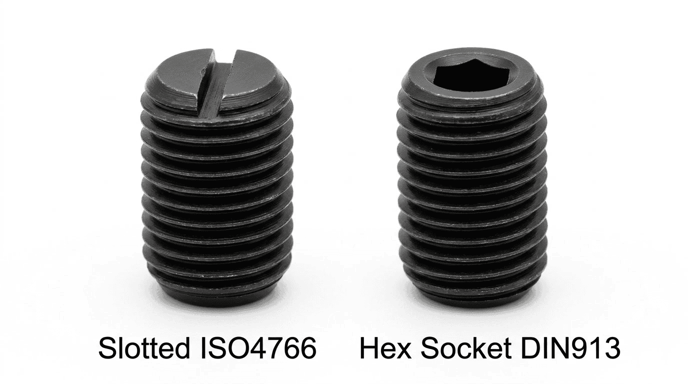 High-quality slotted ISO4766 and hex socket DIN913 screws for industrial applications.