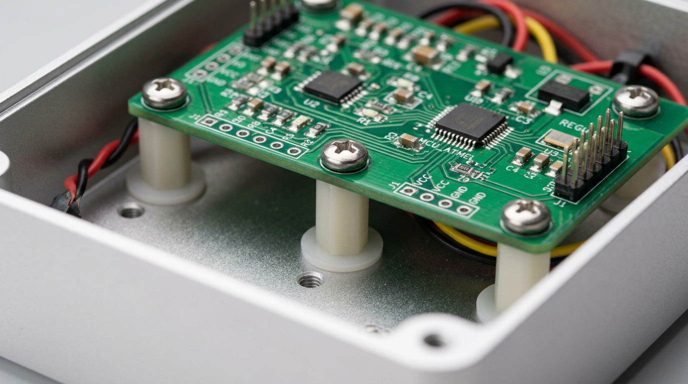 nylon spacers — closing visual showing a precision PCB assembly with multiple nylon standoffs correctly installed in a metal enclosure
