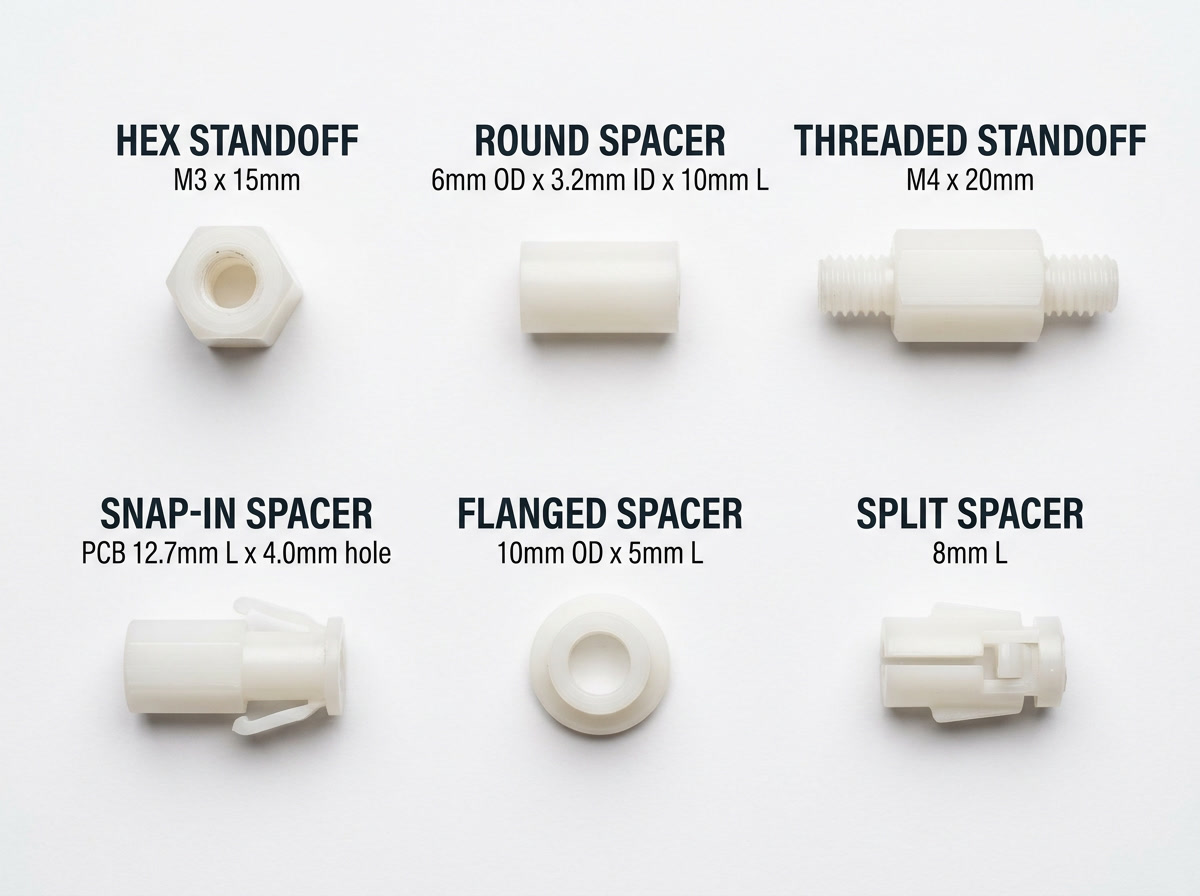 nylon spacers — types illustration showing hex, round, threaded, and snap-in nylon spacer variants side by side