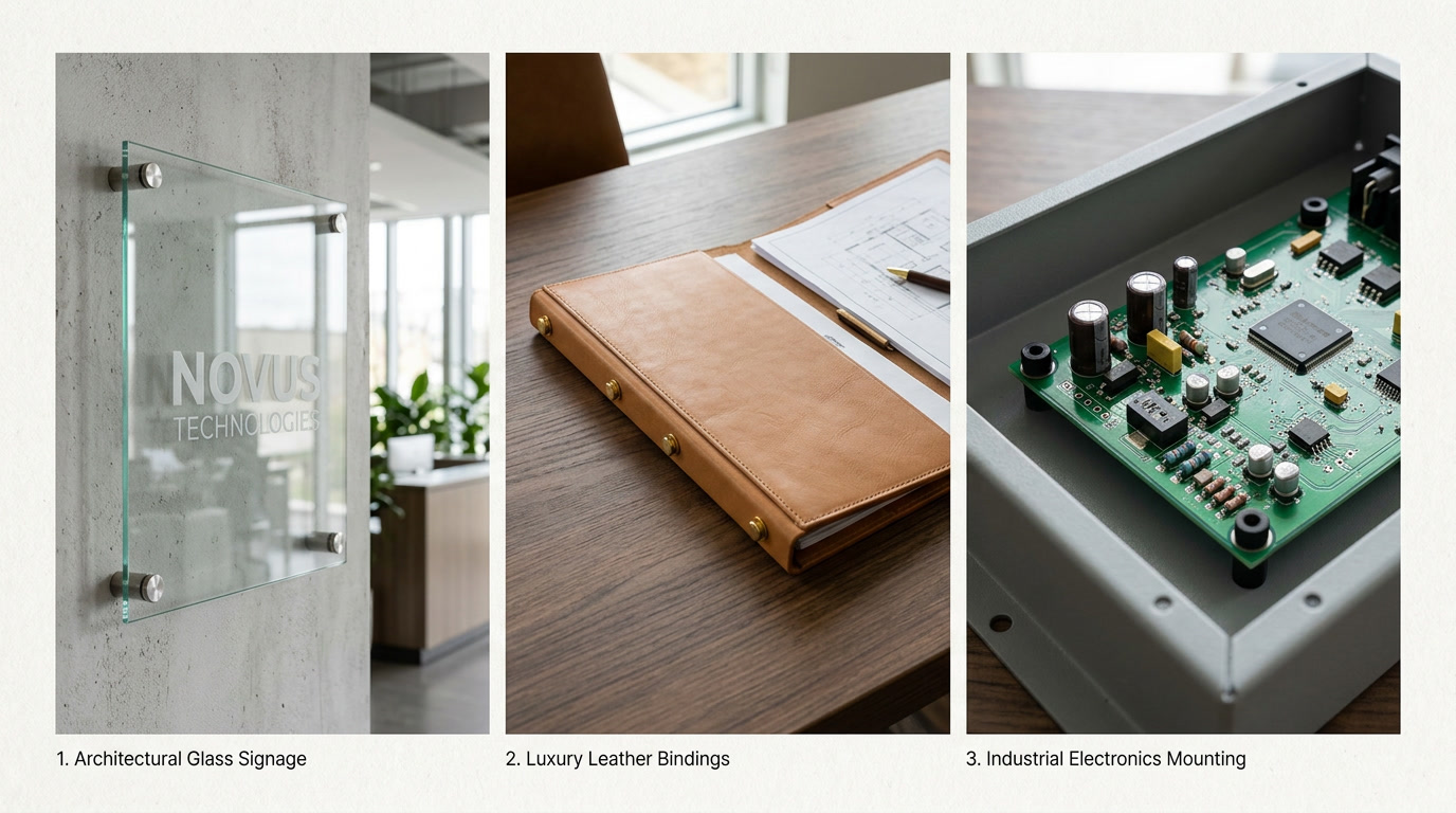 sexbolt applications — editorial photo showing sexbolt hardware used in signage, leather portfolio, and electronics panel mounting